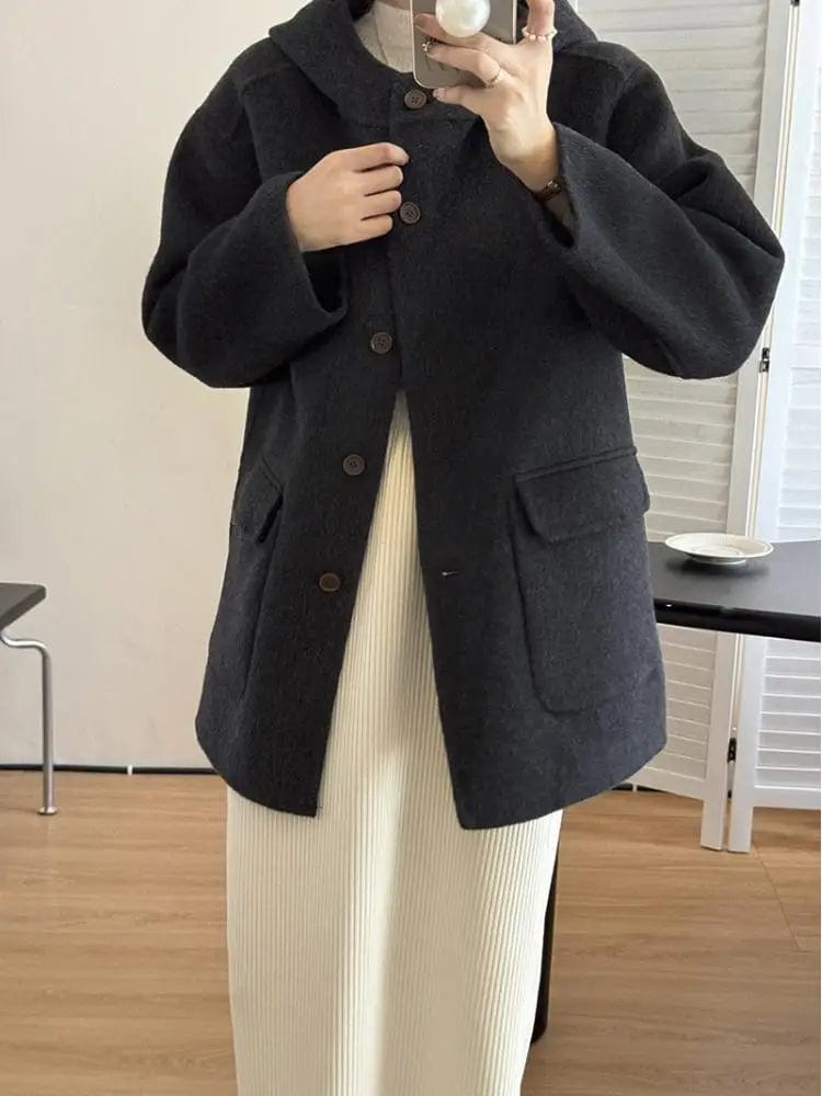 Korean-Style Hooded Double-Sided Short Woolen Jackets Women 2024 Spring Elegant Single Breasted Loose Wool Coats