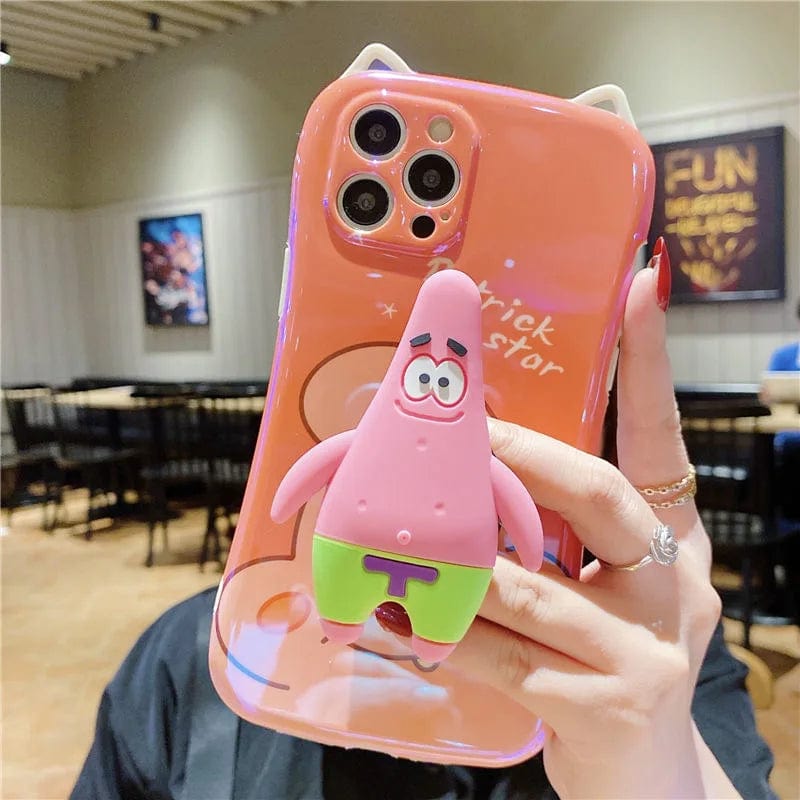 Cat Ears Design SpongeBob Patrick Star with Stand Phone Cases For iPhone 13 12 11 Pro Max XR XS MAX X Back Cover