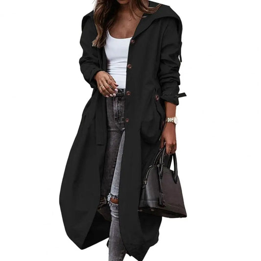 Autumn Women Overcoat Single-breasted Long Loose Trench Solid Color Buttons Cardigan Pockets Mid-calf Length Jacket