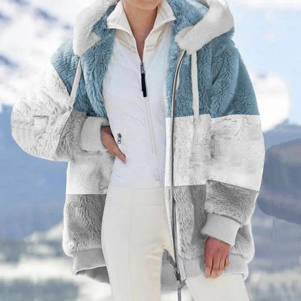 2023 Winter Women Warm Overcoat Retro Patchwork Fleece Hooded Zipper Thick Jackets Coat Outwear Faux Fur Fashion All-Match New