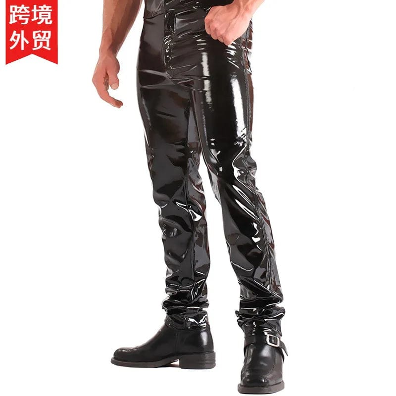 Latex Mens Pants Shiny Wet Look PU Leather Pants Fashion Tight Trousers for Club Stage Show Rock Band Performance