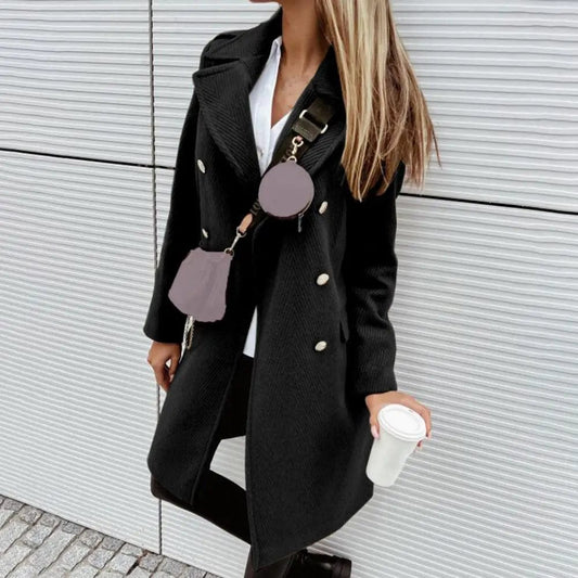 Women Winter Coat Double-breasted Long Sleeves Lapel Buttons Solid Color Warm Mid-calf Midi Length Autumn Overcoat for Shopping