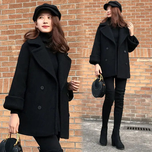 Women's Autumn Winter Wool Jacket 2024 Vintage Mid-Length Chic Thick Woolen Outwear Double Breasted Female Loose Black Wool Coat
