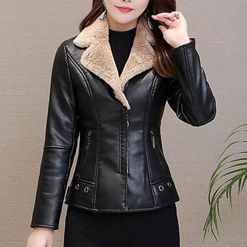 Fall Winter Women Jacket Thick Plush Faux Leather Solid Color Turn-down Collar Zip Up Zipper Pockets Long Sleeve Cardigan Warm S