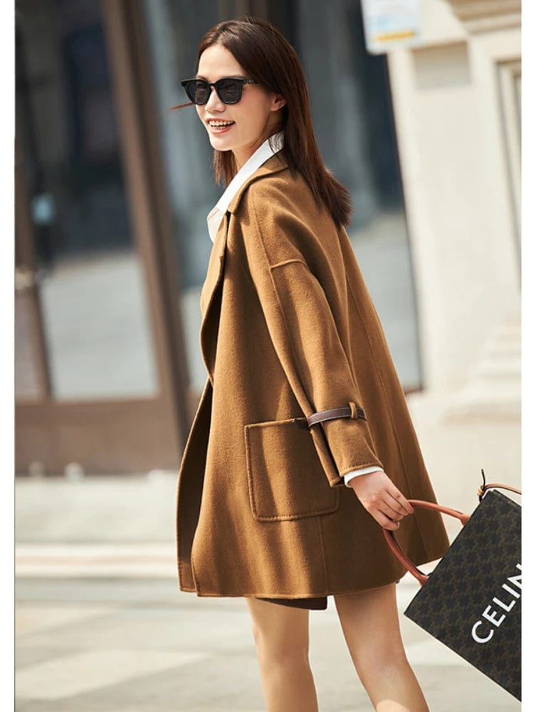 AMII Minimalism 2022 Autumn Winter New 100% Woollen Coat Women Commuter Mocha Brown Belt Double-sided Long Sleeve Coat 12120409