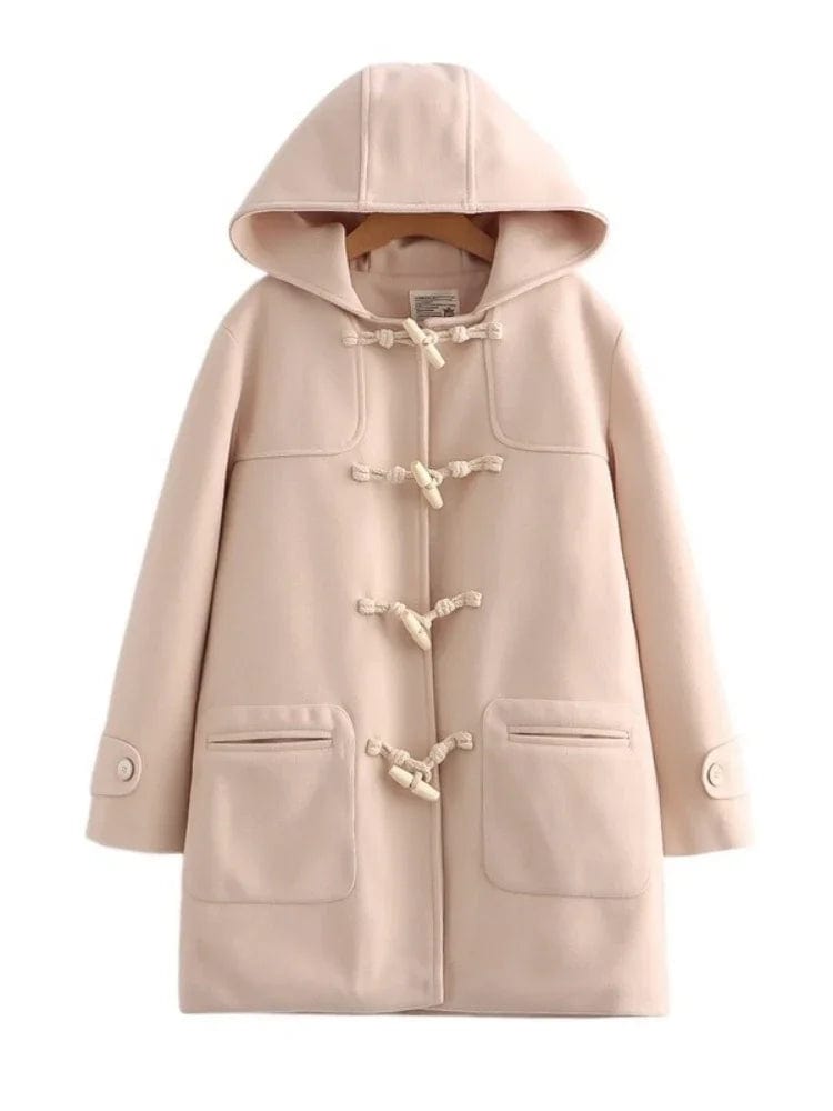 Solid Warm Women Wool Blends Long Hooded Straight Coat Jacket 2023 Winter Horn Button Casual Female Warmness Pockets Outwears
