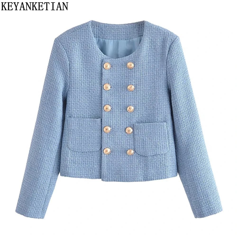 KEYANEKTIAN Women Textured Double-Breasted Short Suit New Winter Light Blue Round Neck Shag Wool Fabric Scented Coat