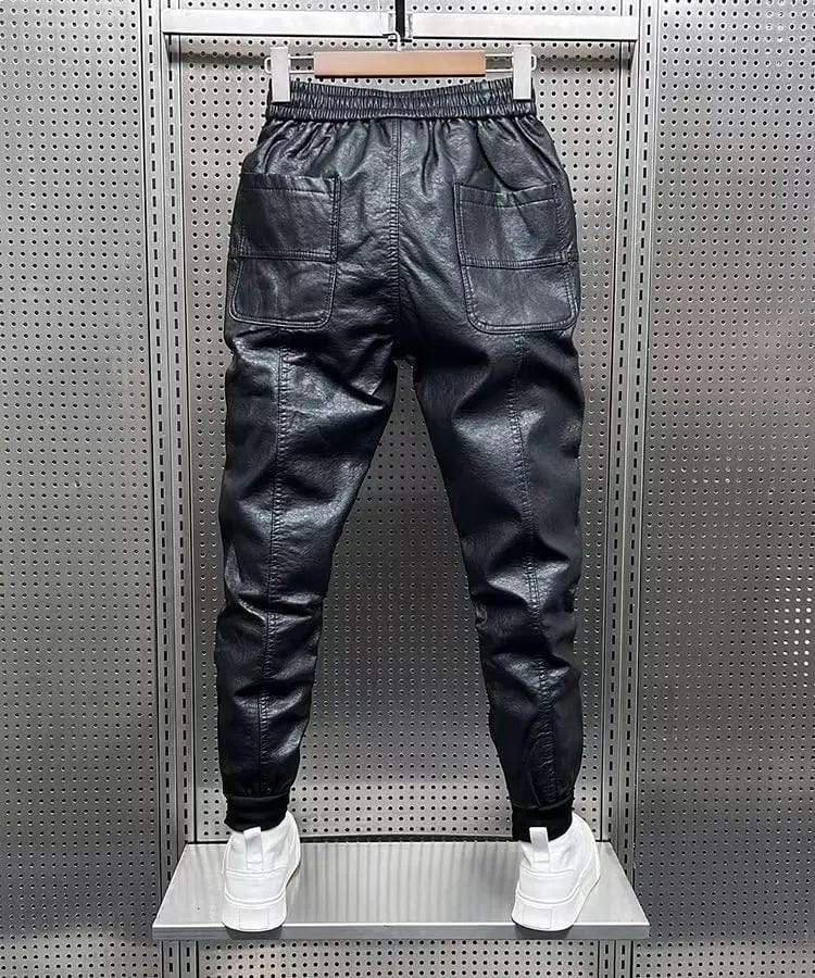 Hip Hop Mens Leather Pants Harajuku Retro Loose Casual Trousers Straight Solid Color Black Pants Streetwear Brand Motorcycle Pan