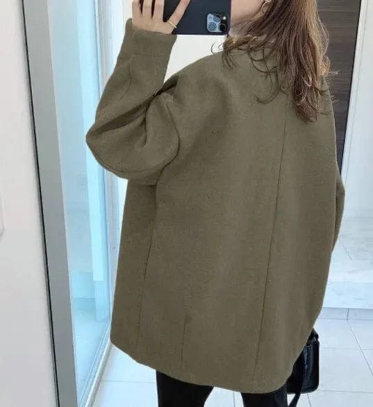 Loose Pure Color Medium Length Wool Coat Round Neck Korean Style Casual Style Women