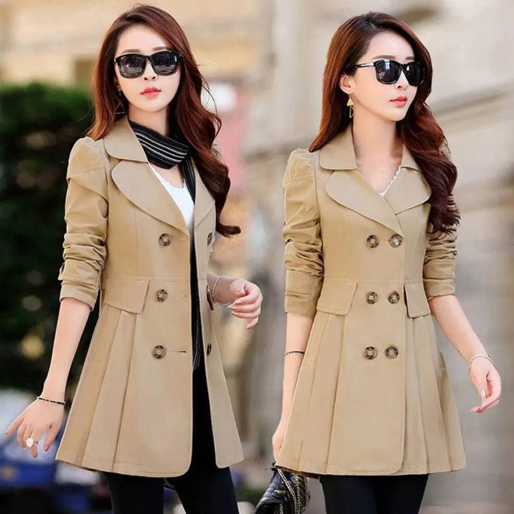 Fall Winter Women Jacket Double-breasted Lapel Mid Length Women Coat A-line Tight Waist OL Commute Style Lady Jacket Trench Coat