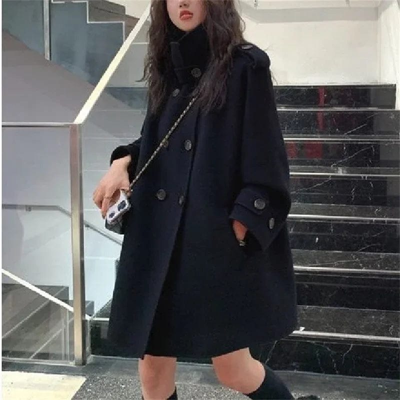 Chic Woolen Trench Coat for Women Fashion Double Breasted Long Sleeve Turn Down Collar Coats Loose 2 Pockets Jackets Outcoat Top