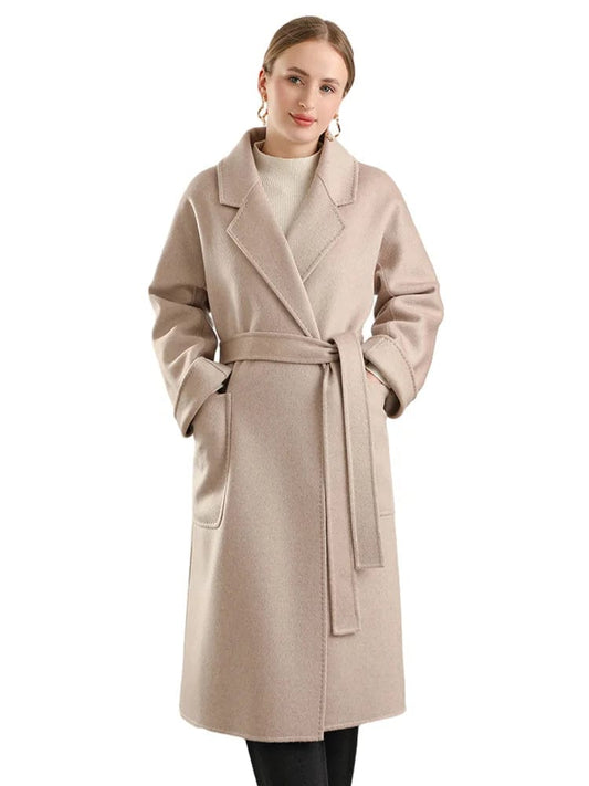 100% Real Wool Long Belt Warp Women Overcoat Classic Model Fall Winter Turn-down Collar Dense Fabric Narrow Notch Lapel Coat #08