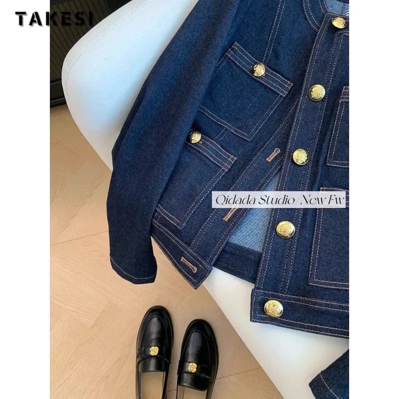 2024 Spring Winter Vintage Style Casual Blue Elegant Denim Jacket Women's Fashion Luxury Style Single Breatsed Loose Jean Coat