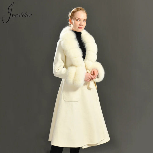 Jxwatcher Women's Winter Coats Real Fox Fur Collar Cashmere Wool Jacket Ladies Luxury Long Trench Overcoat Autumn New in Outwear