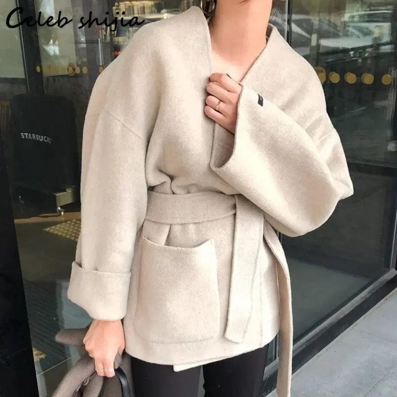 Khaki Thicken Wool Jacket Women V-neck Winter 2023 Chic Loose Blend Coat Female with Belt Autumn Streetwear Warm Outfit