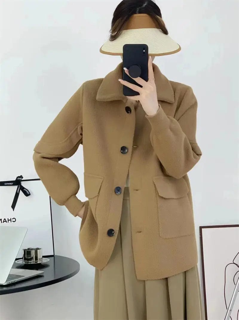 Korean Outerwear Spring And Autumn 2023 Medium Woolen Coat Women Solid Color Versatile Lace Design Cardigan Short Jacket Z698
