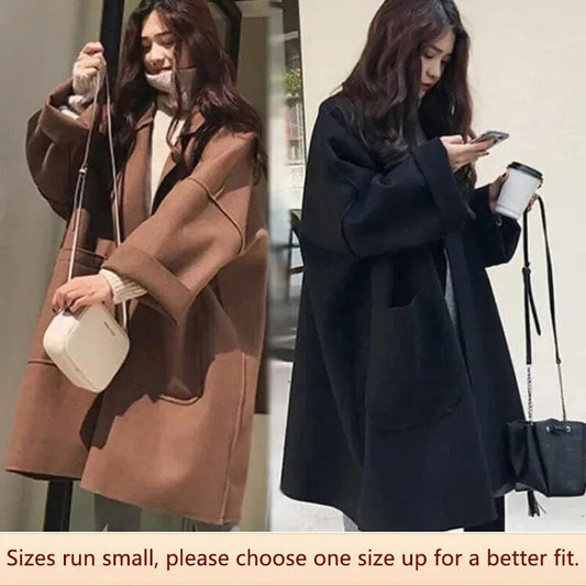 Black Woolen Trench Coat Women's Medium-length Loose-fit Petite Versatile Autumn/winter Season Overcoat