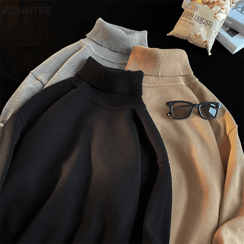 M-5XL Sweater Men Autumn Winter Solid Simple Pullover Fashion Loose All-match Leisure BF Knitwear Turtleneck Basic Candy Colors