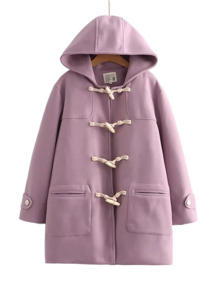 Solid Warm Women Wool Blends Long Hooded Straight Coat Jacket 2023 Winter Horn Button Casual Female Warmness Pockets Outwears