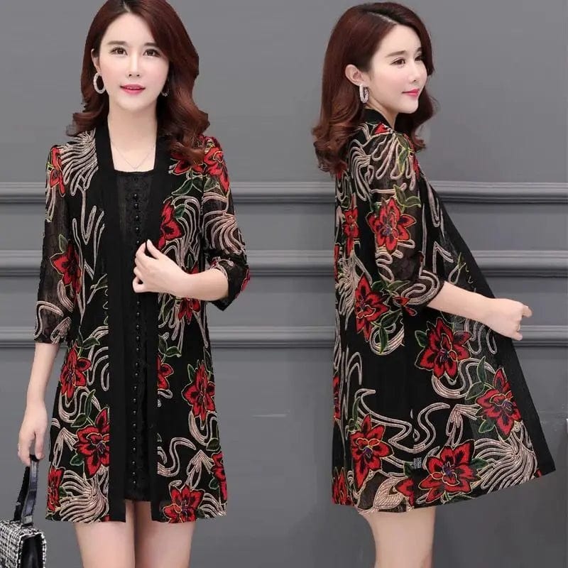 2023 Summer Women's  Lace Cardigan Printed Mid-length Shawl Thin Middle-aged Women Air-conditioned Shirt Jacket Y256