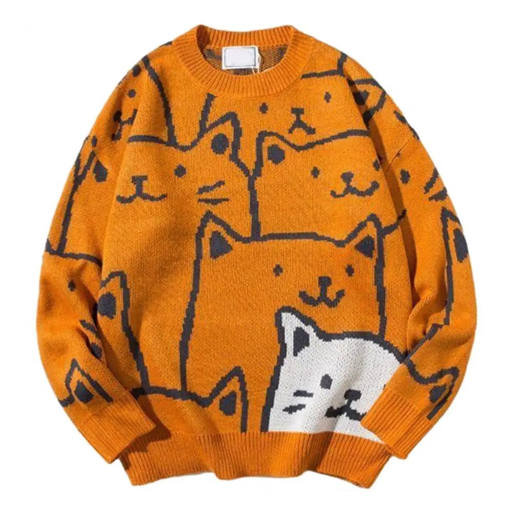 Men Sweater Cartoon Cat Knitted Sweater Japanese Retro Harajuku Pullover Trendy Soft Warm Male Knitwear For Winter Autumn