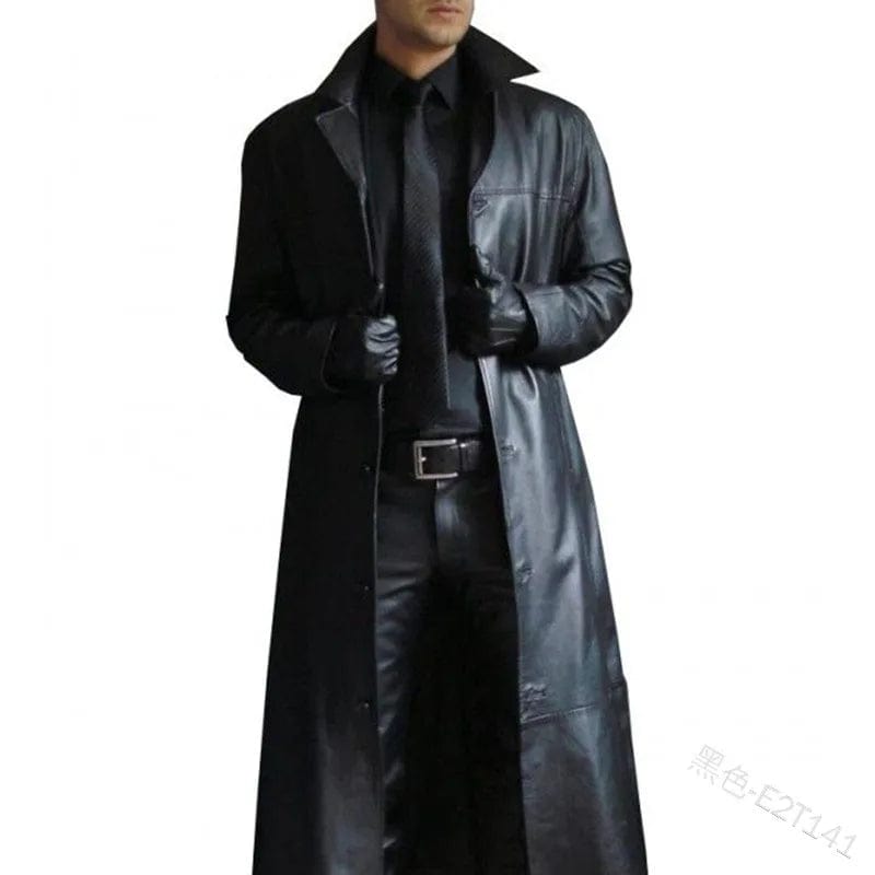 Men's Leather Trench Coat Vintage British Style Windbreaker Handsome Solid Color Slim-fit Overcoat Long Jacket Size S-5XL