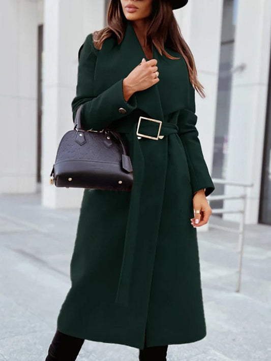 Women Wool & Blends Overcoat With Belts Autumn Winter Lady Office Loose Long Coat Lapel Long Sleeve Casual Wide-Waisted Outwear