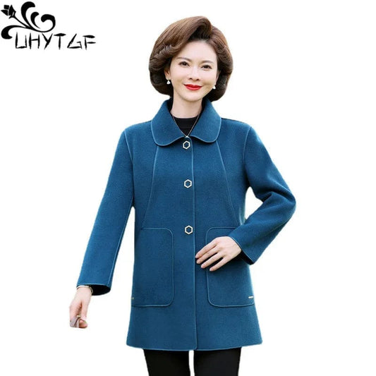 UHYTGF Quality Autumn Winter Woolen Coats Women Single-Breasted 5XL Size Jackets Female Middle-Aged Elderly Mom Windbreaker 2222