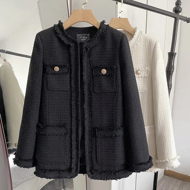 Elegant Women Tweed Jackets Autumn Winter Round Neck Buttons Solid Coat Temperament Versatile Office Lady Outerwear