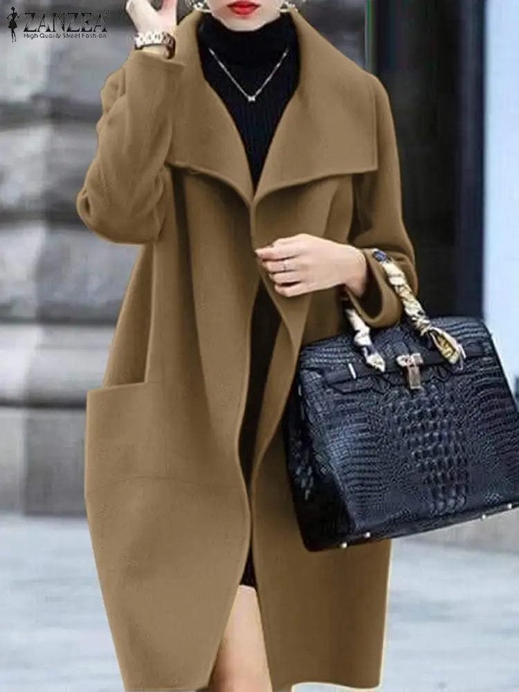ZANZEA Women Loose Woolen Coat 2023 Fall Winter Lapel Overcoat Fashion Long Sleeve Outwears Vintage Pockets Solid Parka Coats