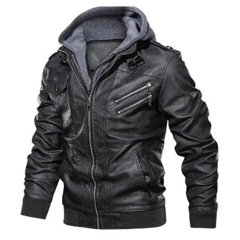 Men Hooded Leather Jackets Slim Casual Leather Coats New Fashion Male Street Wear Motorcycle Leather Jackets Hat Detachable 5XL