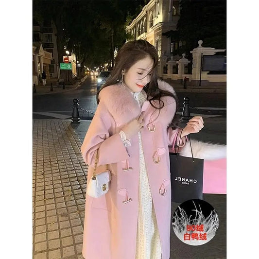 Sweet Hot Girl Fur Collar Woolen Coat for Women's Autumn and Winter Medium Length Horn Button Woolen Coat Fashion Female Clothes