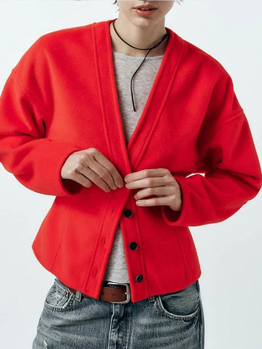 2024 New Fashion Red Cropped Coats Women Elegant V Neck Single Breatsed Jackets New Ladies Full Sleeved Streetwear Outwear