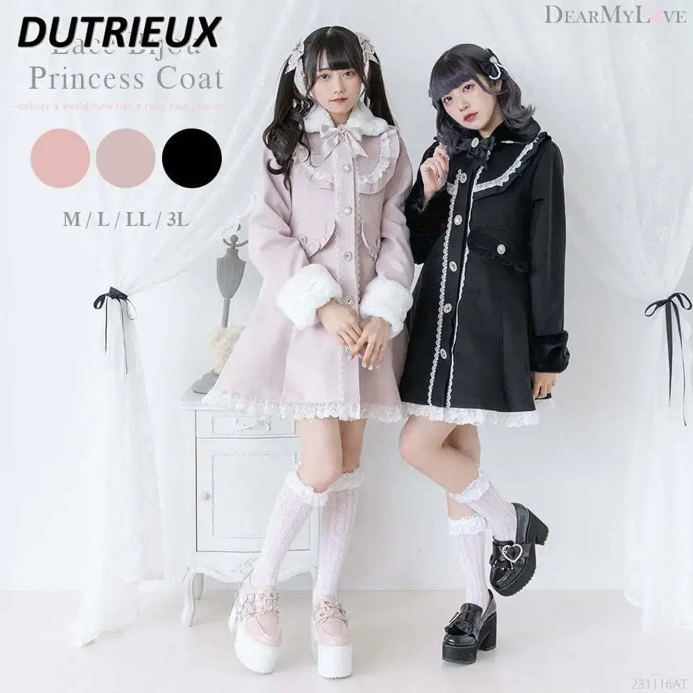 Winter New Women Coat Japanese Sweet Overcoat Bow Lace Stitching Furry Diamond Buckle Exquisite Woolen Jacket Lolita Clothes