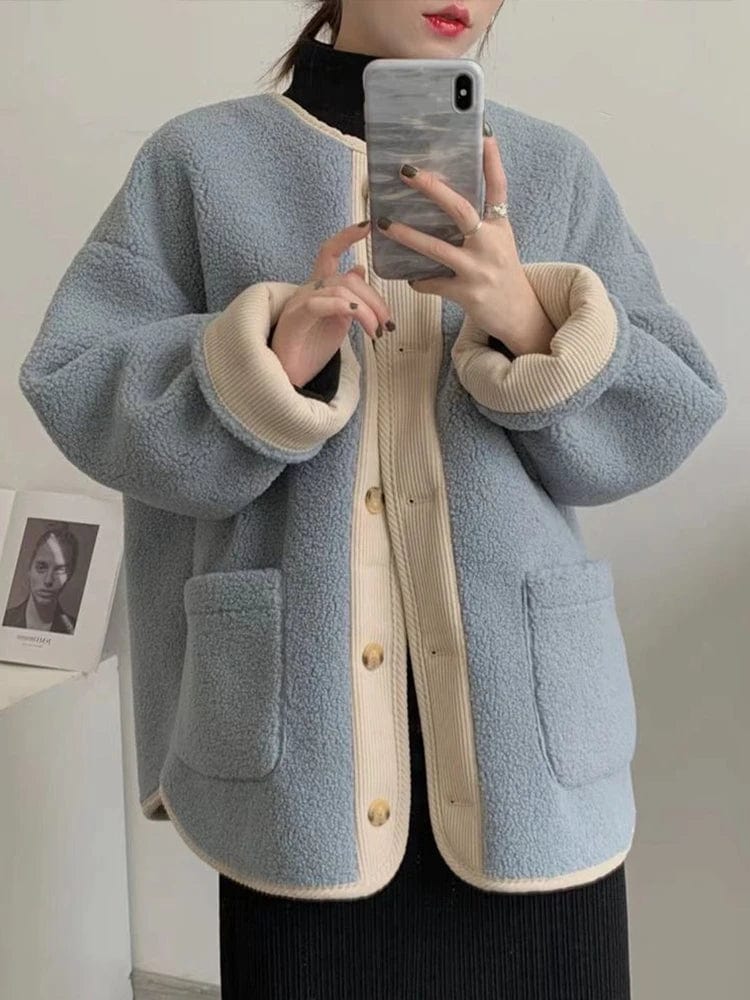 Winter Oversized Coat Women Korean Fashion Faux Lamb Wool Jacket Female Vintage Casual Loose Single Breasted Thick Outerwear