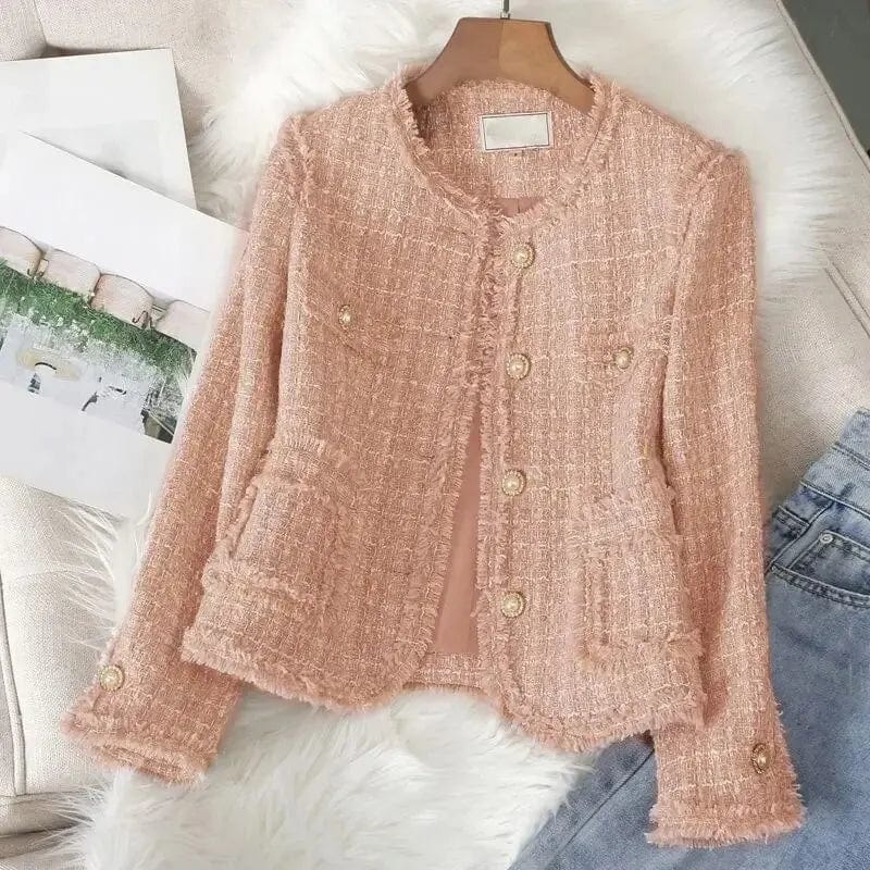 Elegant Short Pink Tweed Style Jacket For Women Autumn/winter Trendy Top Socialite Style Cropped Jacket