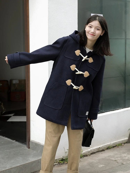 Chic Heart Button Warm Wool Blends Straight Women Long Hooded Coat Jacket 2023 Winter Belt  Female Warmness Preppy Outwear