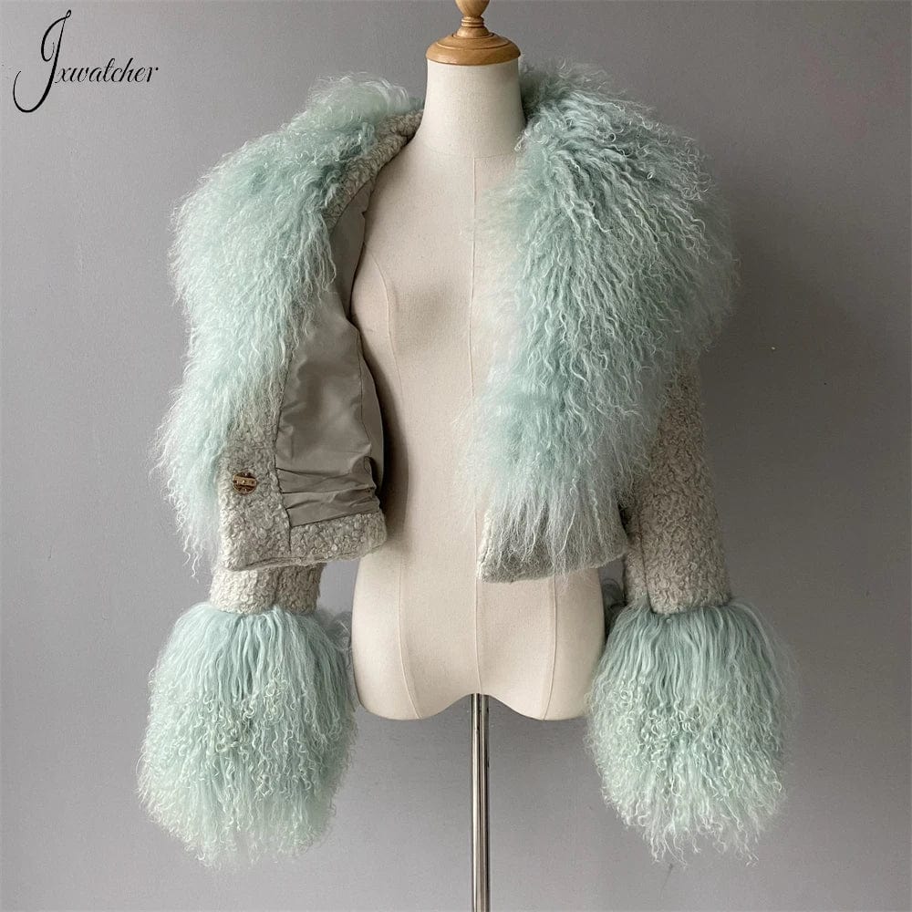 Jxwatcher Wool Coat for Women Real Mongolian Fur Collar Cuffs Winter Fashion Solid Color Tweed Cropped Jacket Fall New Arrival