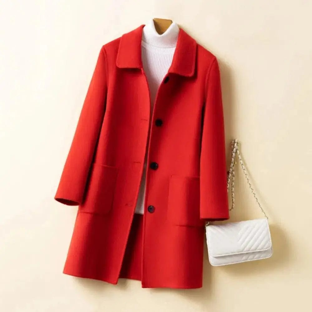 Women Winter Coat Stylish Women's Mid Length Coat Warm Solid Color Single-breasted with Pockets for Fall Winter Lapel Collar