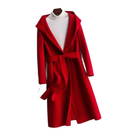 Autumn Women Wide Laple Hooded Woolen Coats Regular Length Cashmere Long Coats Open Stitch Belt Winter Clothes Tops Abrigo Mujer