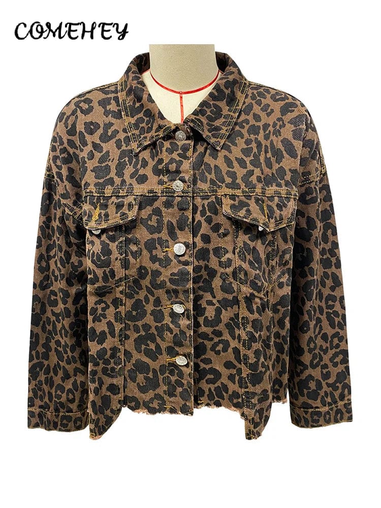 Fashion Leopard Denim Short Jacket Women Long Sleeve Lapel Pocket Buttons Raw Edge Female Coat 2024 Spring Vintage Streetwear