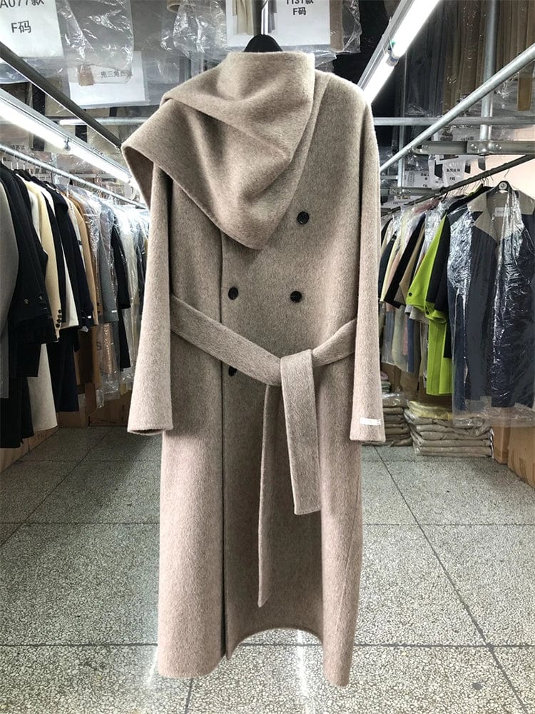 Elegant Big Scarf Collar Double Breasted Wool Coat Women Loose Korean Fashion Cashmere Winter Jacket