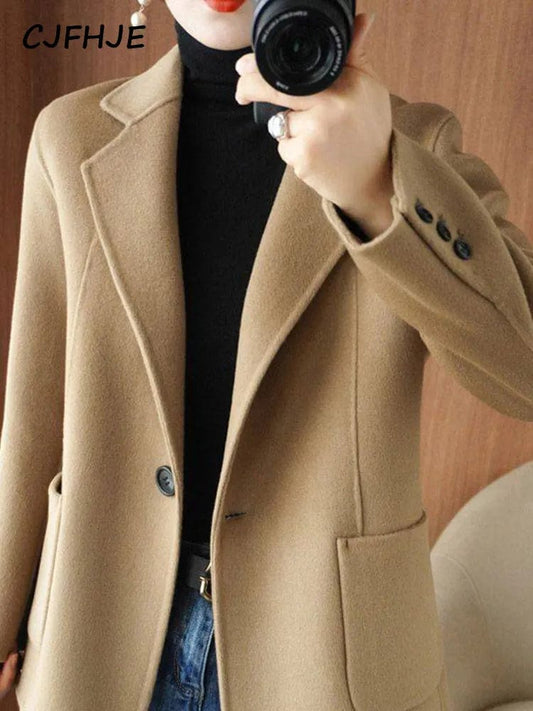 CJFHJE Solid Color Office Lady Suit Jacket Elegant Autumn Winter Casual Coats Women Fashion Black Pockets Chicly Blazers Female
