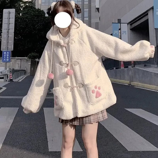 Autumn Winter Japan Style Jacket Lolita Lamb Wool Thickened Kawaii Panda Ear Hat Claw Hooded Coat Women College Youthful Parka