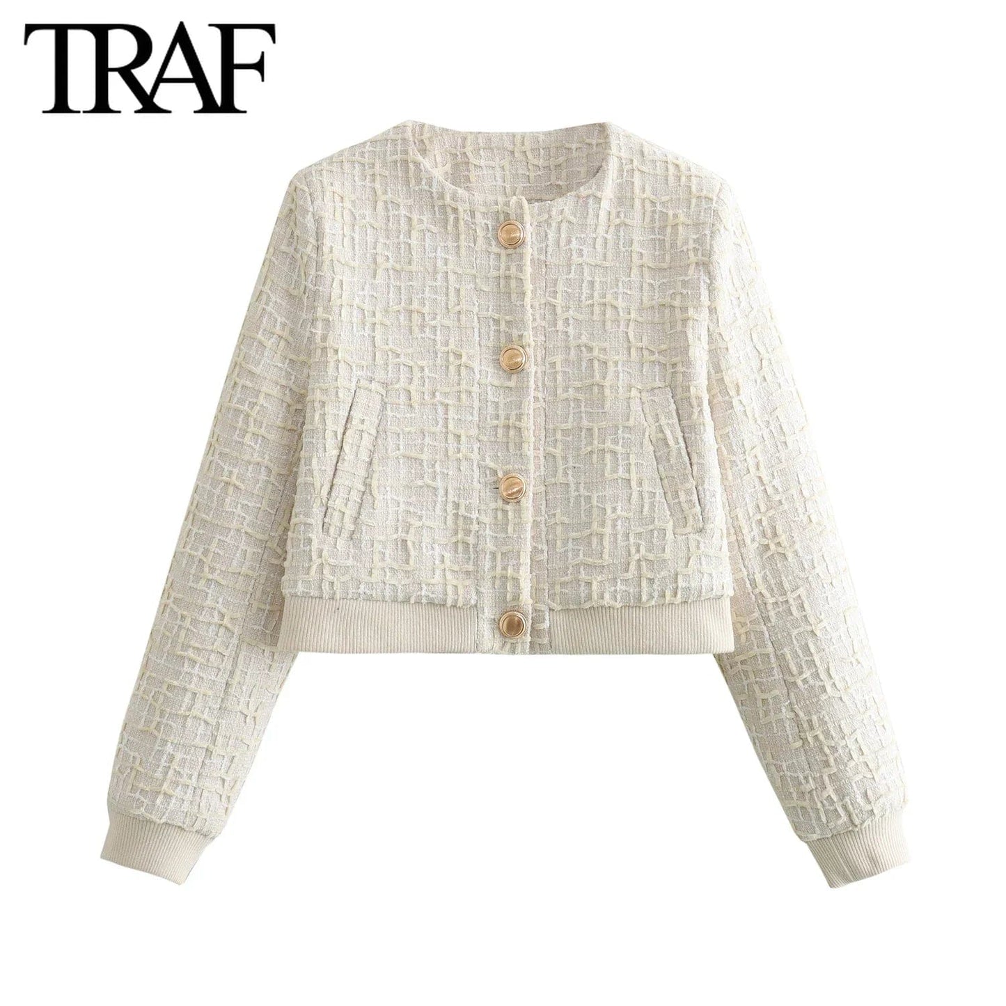 TRAF Women Fashion Spring New Plaid Texture Bomber Jacket Long-sleeved Single-breasted Cardigan Short Coats Chic Female Tops