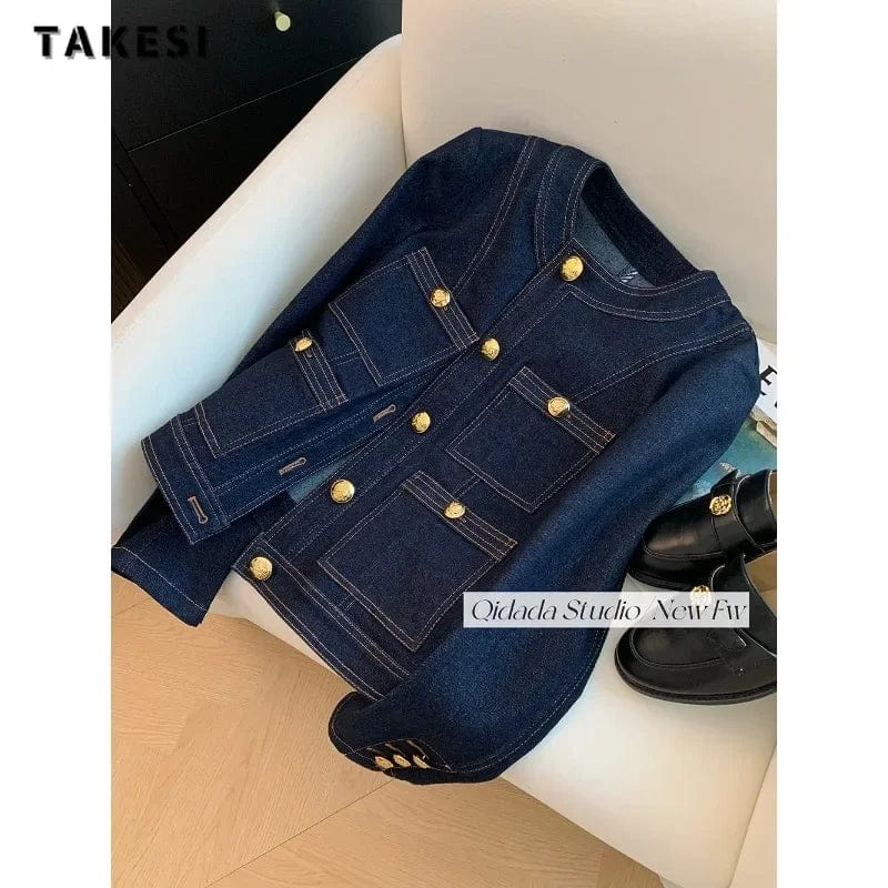 2024 Spring Winter Vintage Style Casual Blue Elegant Denim Jacket Women's Fashion Luxury Style Single Breatsed Loose Jean Coat