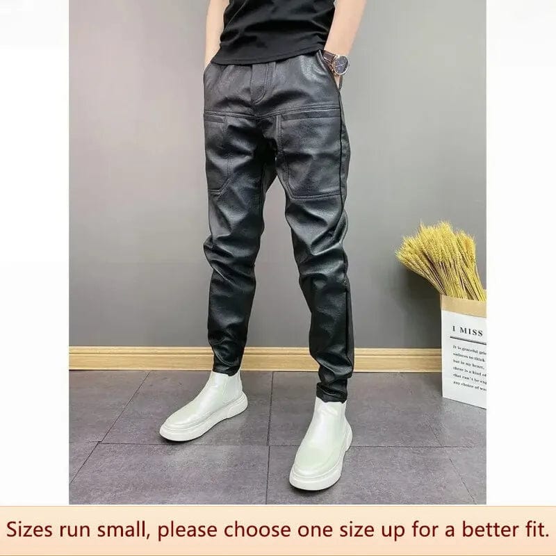 Men's Autumn/winter Trendy Elastic Pu Leather Pants Windproof Waterproof Solid Color Casual Trousers Pocket Stylish Tapered Leg