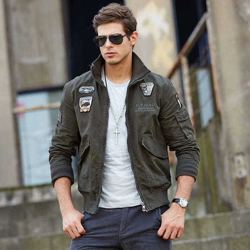 Men's Casual Versatile Fashion Logo Large Pockets Solid Color Simple Coat Outdoor Sports Trendy Windproof Aviator Jacket