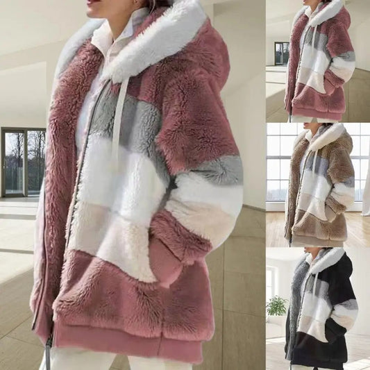 Women Coat Autumn Winter Long Sleeve Jacket Color Block Zipper Fluff Hooded Warm Coat Jacket