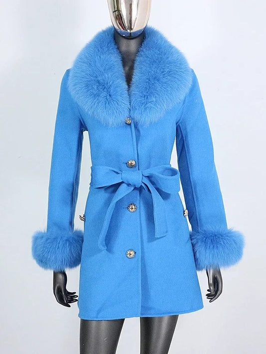 2024 New Real Fur Coat Winter Jacket Women Natural Fox Fur Collar Cuffs Belt Cashmere Wool Woolen Ladies Outerwear Streetwear